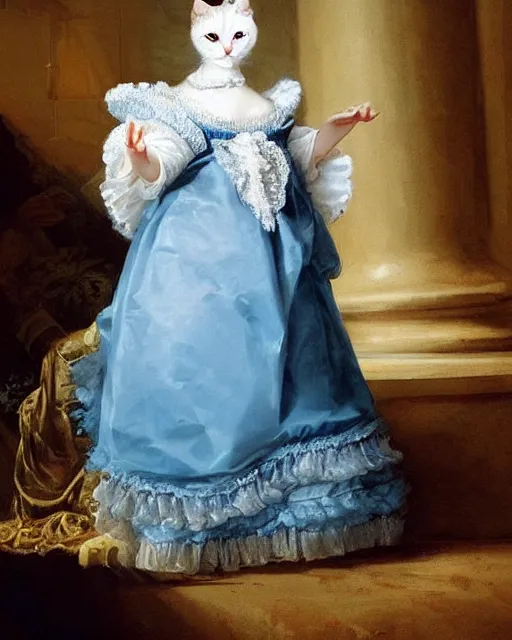 Prompt: cute white cat with blue eyes wearing frilly dress, baroque rococo fashion, royal portrait, elegant, regal, joseph ducreux, greg rutkowski