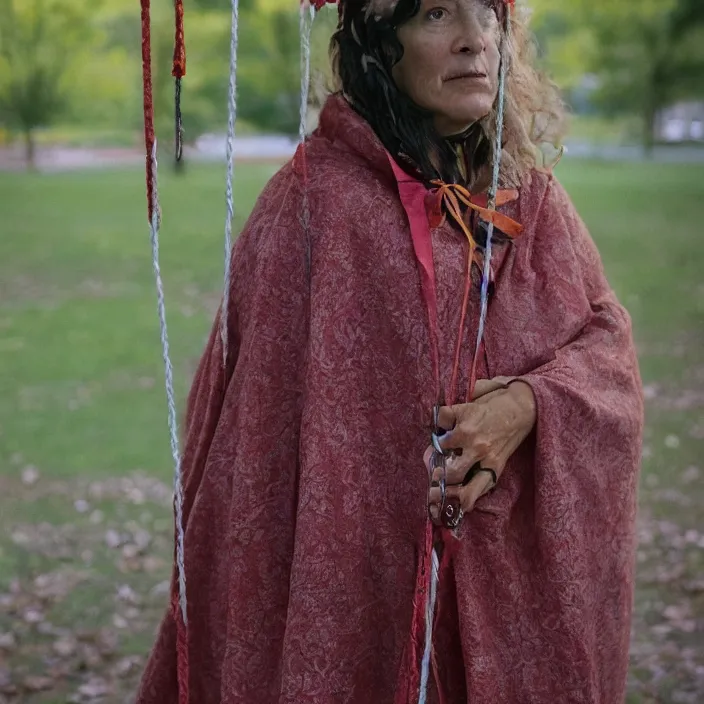 Image similar to a closeup portrait of a woman wearing a cloak made of ribbons, staring at an empty swing playground, color photograph, by vincent desiderio, canon eos c 3 0 0, ƒ 1. 8, 3 5 mm, 8 k, medium - format print