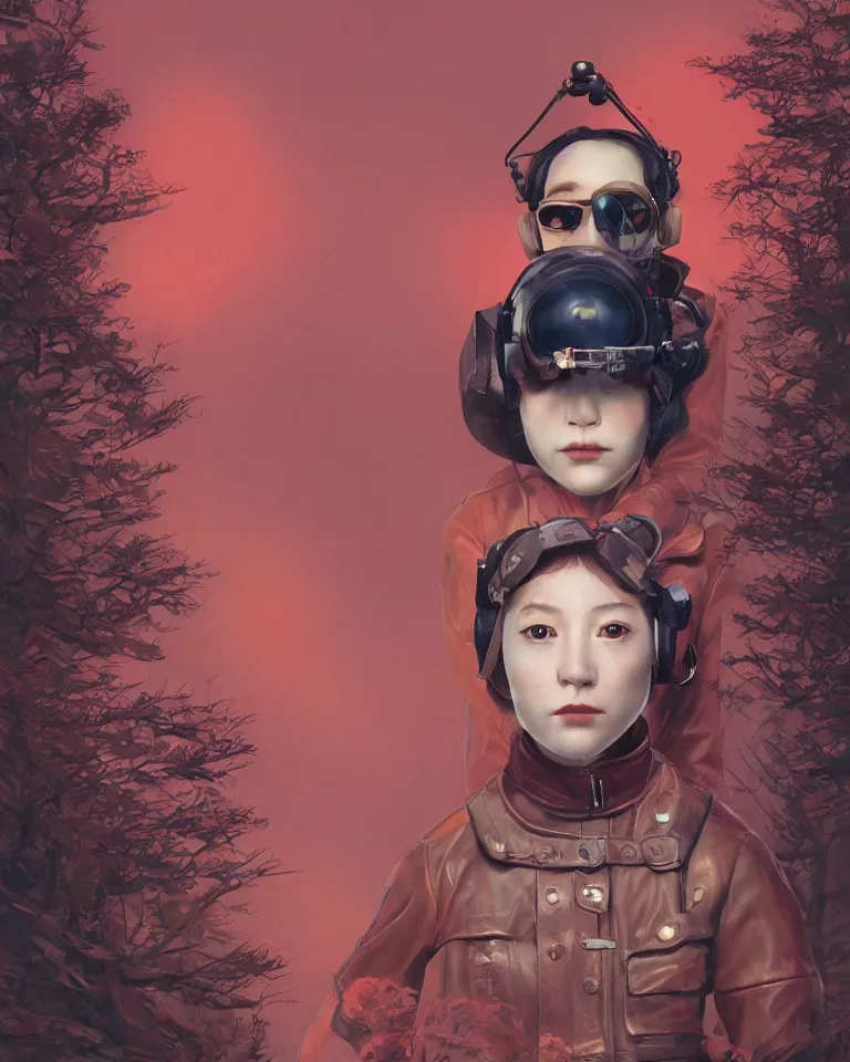 Image similar to highly detailed portrait of androgynous girl wearing bakelite leather jacket, bakelite rocky mountains, japanese haunted forest, by hsiao - ron cheng and artgerm, modular synthesizer helmet backpack, the grand budapest hotel, glow, no crop, digital art, artstation, pop art