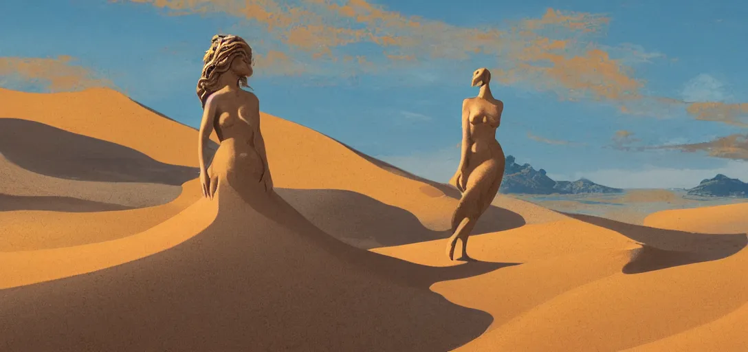 Image similar to a golden salt flat surrounded by dunes with a ruined statue of a woman emerging from the blue sand, illustrated, epic composistion, surreal flat colors, concept art