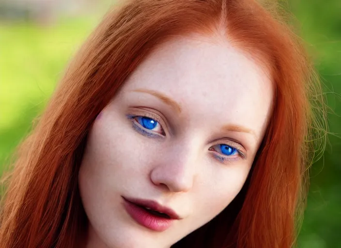 Image similar to close up portrait photograph of a anesthetic beautiful!!! thin young redhead woman with russian descent, sunbathed skin, symmetric face!! with deep blue ((Symmetric round eyes!! )) . Wavy long maroon colored hair. she looks directly at the camera. Slightly open mouth, face takes up half of the photo. a park visible in the background. 55mm nikon. Intricate. Very detailed 8k texture. Sharp. Cinematic post-processing. Award winning portrait photography. Sharp eyes.