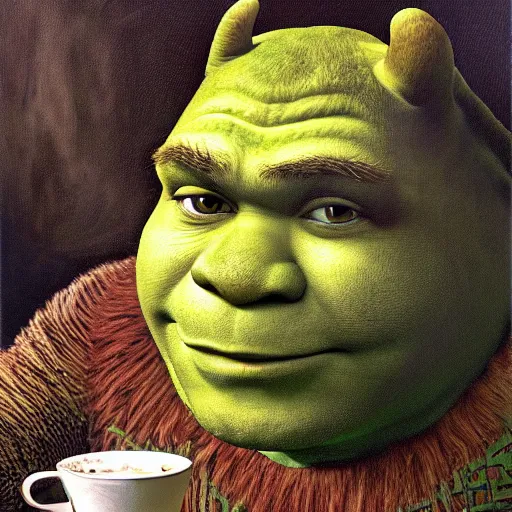 a portrait of shrek who is half cat drinking from bowl | Stable ...