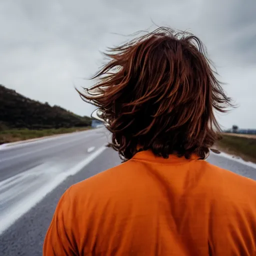 Image similar to a cinematic shot of a grown boy from behind his back looking out of his car window and his long hair flowing due to the wind, sky is orangish outside