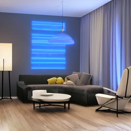 Image similar to futuristic looking living room, dark with blue neon lights, contrasted, dark floor, octane render