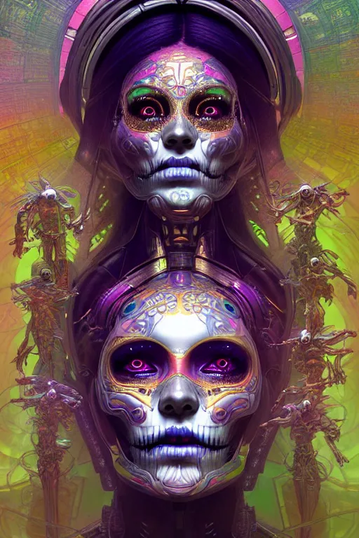 Image similar to ultra detailed Female Android deity, scifi, octane render, (dia de los muertos), asymmetrical, intricate concept art, triadic color scheme, art by artgerm and giger and DZO and greg rutkowski and alphonse mucha and loish and WLOP