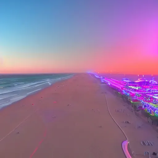 Image similar to ocean beach at night, drone footage, vaporwave style, nightglow, neon signs 8 k shot on dslr