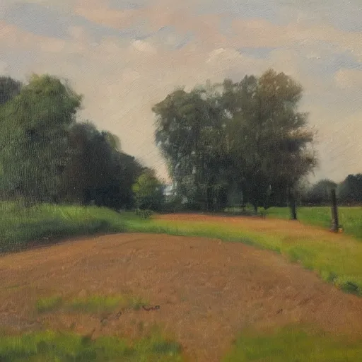 Prompt: a peaceful Sunday morning in the fields of Bobigny, oil painting