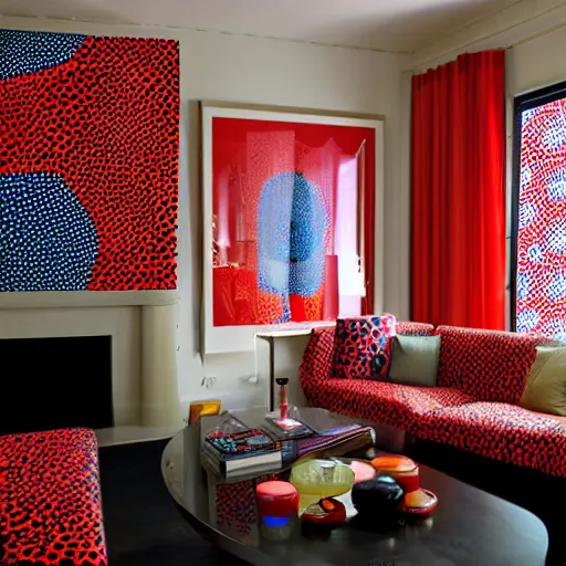 Image similar to A living room with interior design by Yayoi Kusama