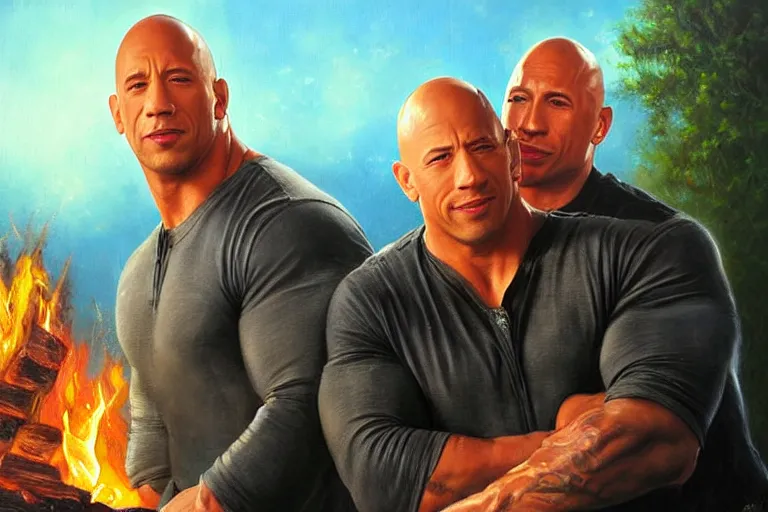 Image similar to portrait of vin diesel and dwayne the rock johnson cuddling next to a fire, an oil painting by ross tran and thomas kincade