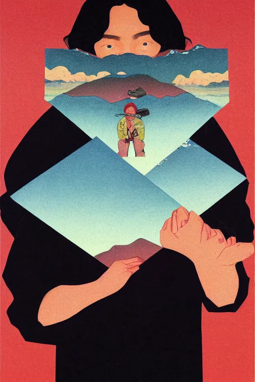 Prompt: a closeup portrait of a young siberian man sucking a blotter paper of LSD acid and dreaming psychedelic hallucinations in the vast icy landscape of Antarctica, by kawase hasui, moebius and Edward Hopper, colorful flat surreal design, hd, 8k, artstation