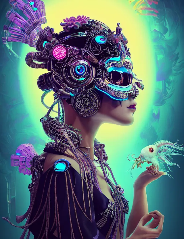 Image similar to 3 d goddess close - up profile portrait cyberpunk with ram skull. beautiful intricately detailed japanese crow kitsune mask and clasical japanese kimono. betta fish, jellyfish phoenix, bio luminescent, plasma, ice, water, wind, creature, artwork by tooth wu and wlop and beeple and greg rutkowski