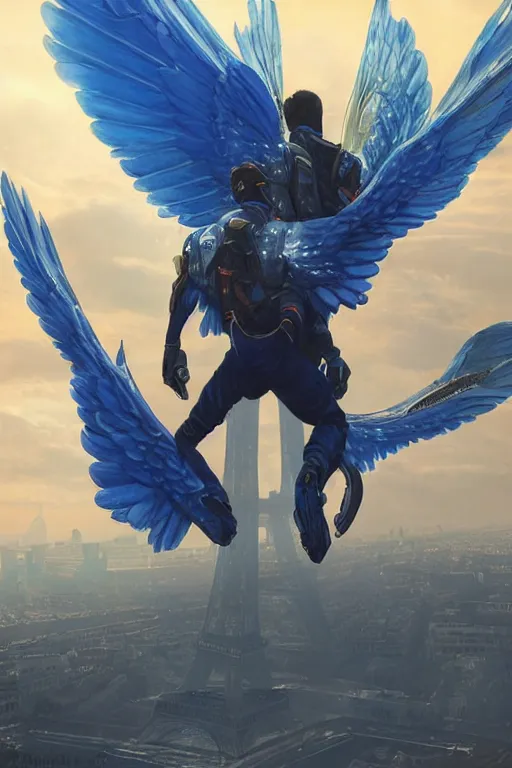 Prompt: a man from behind with a pair of blue energy wings!!! soaring through futuristic paris, 4 k, shimmering color, cinematic light, hyper detailed, art by greg rutkowski and magali villeneuve and artgerm