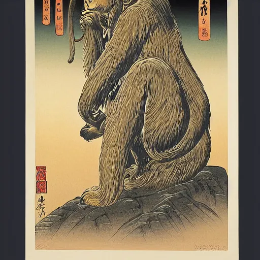 Prompt: A detailed shin-hanga print of a gigantic bronze statue of a monkey, by Hiroshi Yoshida