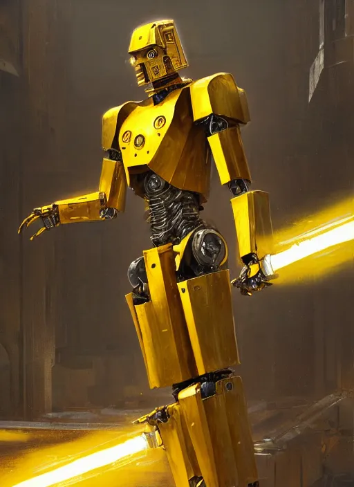 Image similar to human-sized strong intricate yellow pit droid, carrying longsword and big paladin shield, pancake flat head, exposed metal bones, painterly humanoid mecha, full body, sharp focus, cinematic, by Greg Rutkowski