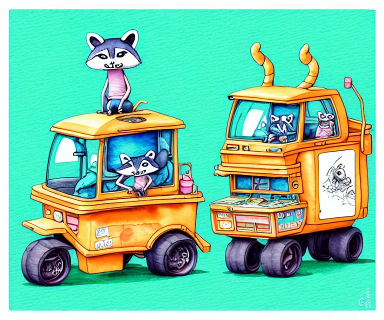 Image similar to cute and funny, / / / racoon / / / riding in a tiny garbage truck, ratfink style by ed roth, centered award winning watercolor pen illustration, isometric illustration by chihiro iwasaki, edited by range murata, tiny details by artgerm and watercolor girl, symmetrically isometrically centered, sharply focused