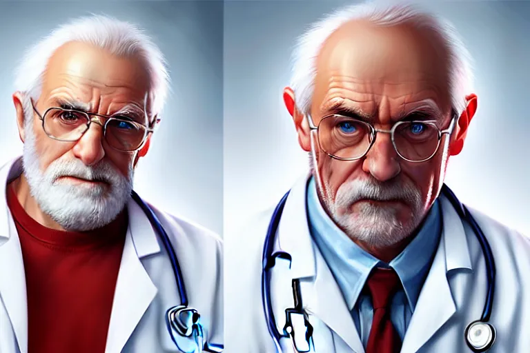 Prompt: a cute doctor in white coat and an old man with red t - shirt, cinematic, highly detailed, digital painting, artstation, concept art, matte, sharp focus, illustration, art by artgerm and greg rutkowski