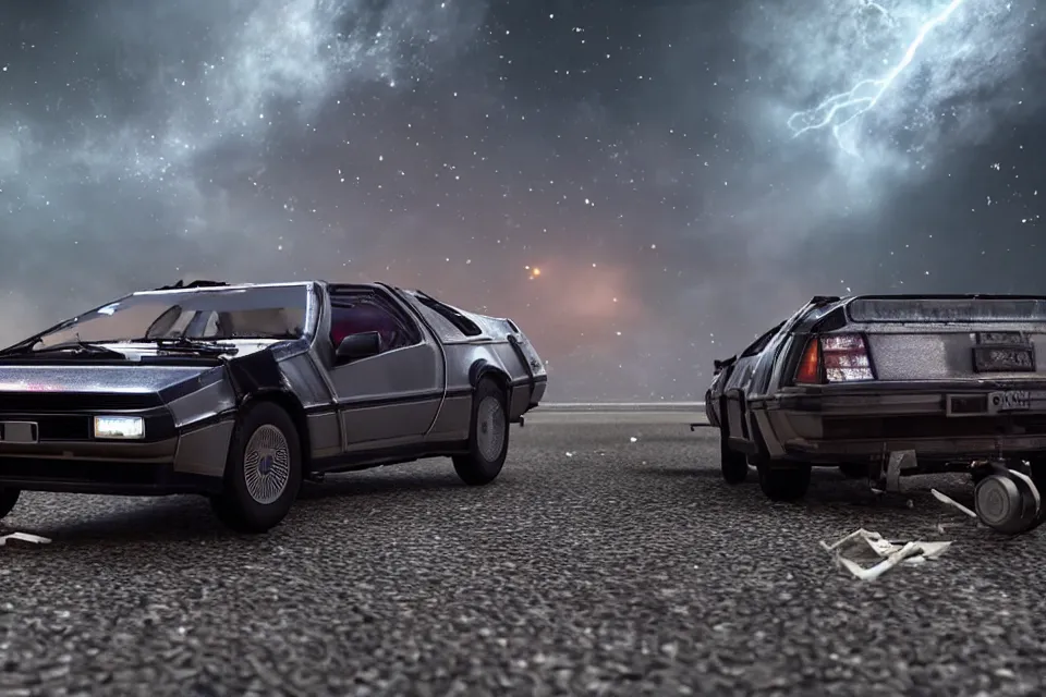 Prompt: ultra realistic delorean dmc 5 and toyta trueno ae 8 6 do parallel drift on road wreckage orbiting earth in space, dark cinematic, volumetric, realistic, 3 d render, realistic render, cinematic lighting, volumetric lighting, atmospheric, cinematic, unreal engine 5, unreal engine render, octane render, hd, photorealism, hyper realistic, 8 k