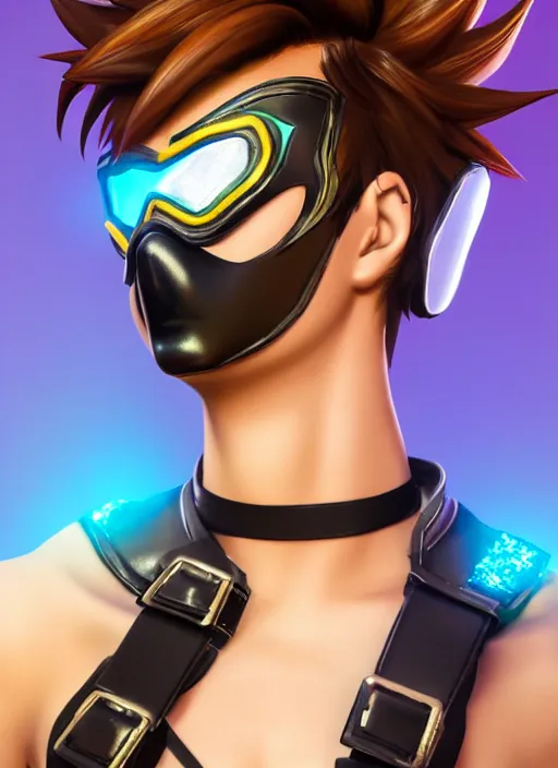 Image similar to portrait bust digital artwork of tracer overwatch, wearing iridescent rainbow latex and leather straps catsuit outfit, 4 k, expressive happy whistling face, makeup, in style of mark arian, angel wings, wearing detailed leather collar, chains, black leather harness, detailed face and eyes,
