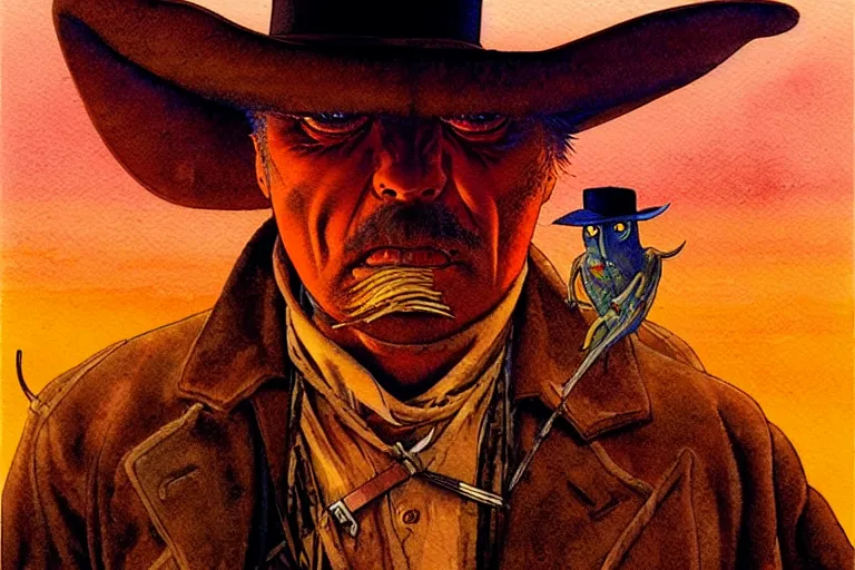 Prompt: a hyperrealist watercolour character concept art portrait of a spaghetti western film poster, well lit night in las vegas, nevada. there is a ufo. a robot bird. by rebecca guay, michael kaluta, charles vess and jean moebius giraud