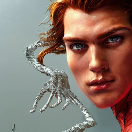 Image similar to portrait of a young spiderman handsome, male, masculine, upper body, red hair,, d & d, fantasy, fierce, sharp features, intricate, elegant, highly detailed, digital painting, artstation, concept art, matte, sharp focus, illustration, art by artgerm and greg rutkowski and alphonse mucha