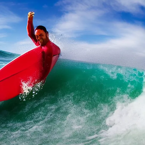 Image similar to a surfer surfing on a large wave of ketchup, through a sea made of ketchup, on a sunny day, 8 k, wide angle photography