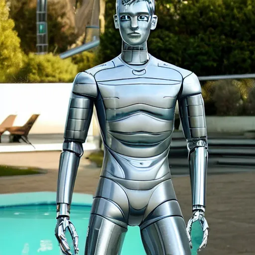 Image similar to a realistic detailed photo of a guy who is an attractive humanoid who is half robot and half humanoid, who is a male android, soccer player martin ødegaard, shiny skin, posing like a statue, blank stare, by the pool, on display, showing off his muscles, humanoid robot, frozen ice statue, made of ice