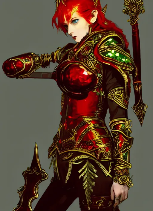 Image similar to Full body portrait of a handsome young red haired elven princess warrior wearing red, green and gold ornate leather jacket, golden tiara and an axe. In style of Yoji Shinkawa and Hyung-tae Kim, trending on ArtStation, dark fantasy, great composition, concept art, highly detailed.