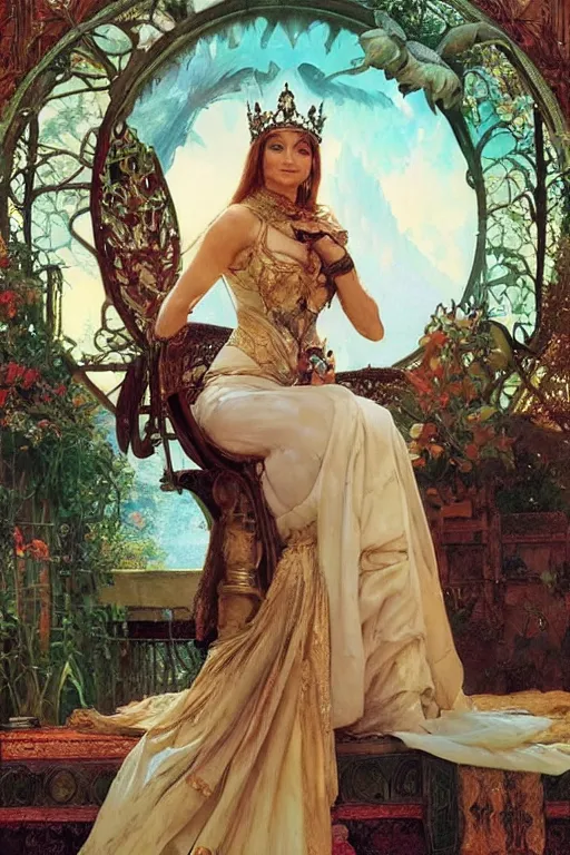 Image similar to Queen Jane Seymour sitting on a throne, fantasy, by Stanley Artgerm Lau, greg rutkowski, thomas kindkade, alphonse mucha, loish, norman Rockwell