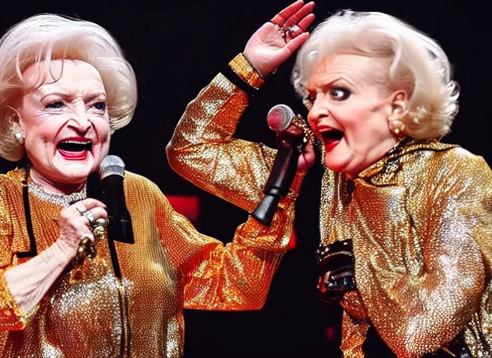 Image similar to publicity photo still of betty white as a gangsta rapper covered in gold chains, with grills in teeth and wearing a jumpsuit live on stage, 8 k, live concert lighting, mid shot