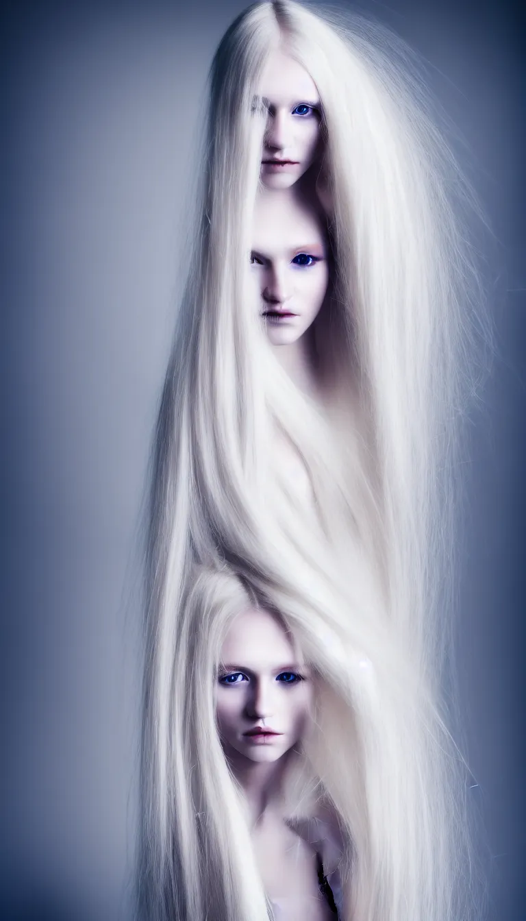 Image similar to photo portrait of a young woman with long blond hair dressed in long white, fine art photography light painting in style of Paolo Roversi, professional studio lighting, dark background, hyper realistic photography, fashion magazine style