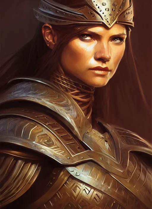 Prompt: Close-up portrait of a female warrior, D&D fantasy, she has brown, mid-length hair, she has a serious expression, and is wearing armor and a cape. Intricate, highly detailed, digital painting, artstation, concept art, sharp focus, illustration, art by greg rutkowski and Ross Tran