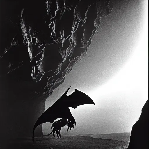 Prompt: a close - up, black & white studio photographic portrait of a loud screeching giant, bat - like creature flying towards you, you are exploring an alien planet and come across a strange, dark cave, dramatic backlighting, 1 9 7 3 photo from life magazine, by keith thompson,