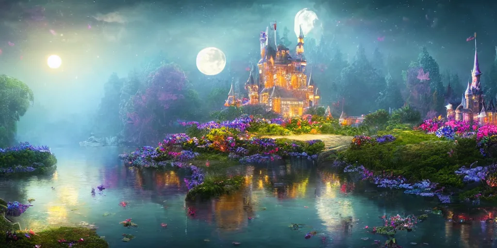 Image similar to a single glittering fairy castle at night, a full moon, water and colourful flowers, extremely detailed oil painting, unreal 5 render, fantasy digital art, octane render, beautiful composition, trending on artstation, award-winning photograph, masterpiece