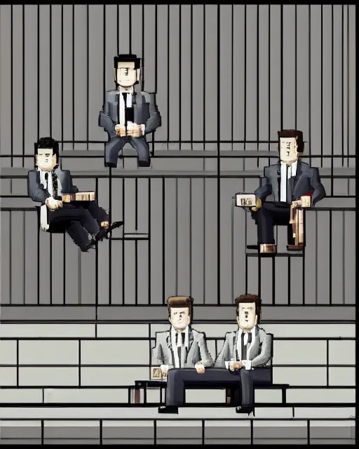 Prompt: three men in suits sitting on a bench, pixel art by hiroshi nagai and by guy billout and by philippe bouchet, cg society, pixel art, 2 d game art, # pixelart, ps 1 graphics