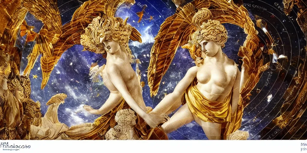 Prompt: majestic neorococo sistina saint Woman Venus godness Athena beautiful gracious pagans marble and gold in space stars clouds doves suns butterflies greeks, coerent face, bioluminescent skin