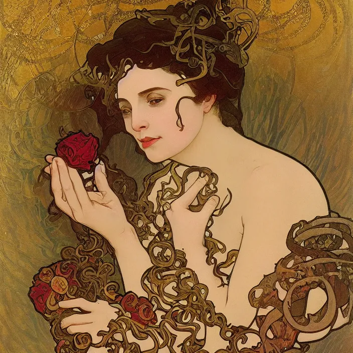 Prompt: portrait of a woman with a rose made of smoke in her hand, horns, snakes, smoke, flames, full-length, oil painting in a renaissance style , very detailed, gold background, painted by Alphonse Mucha.