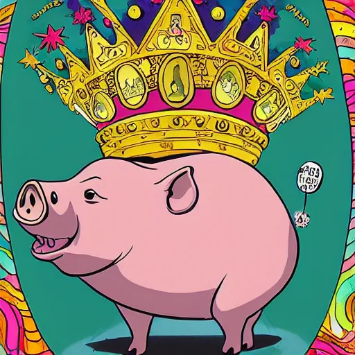 Prompt: trippy comic art of a obese pig wearing a gold crown holding a bottle, drawn by Martin Rowson, Tim Burton, Studio Ghibli, Alex Pardee, Nekro Petros Afshar, James McDermott, colors by lisa frank, unstirred paint, vivid color, cgsociety 4K