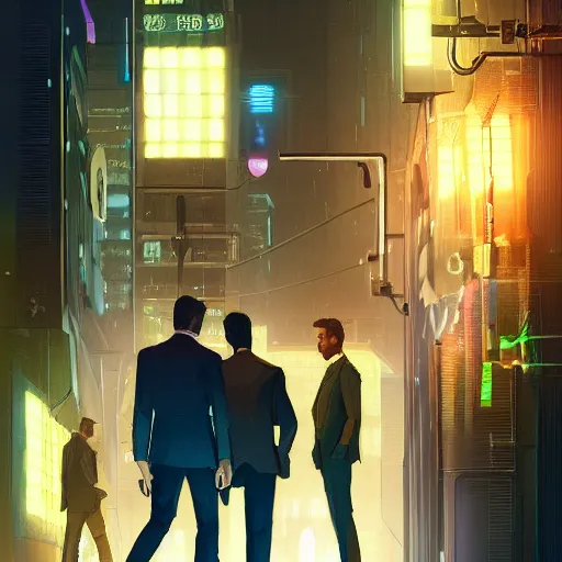 Prompt: bbusinessmen holding a briefcase, detailed digital illustration by greg rutkowski, cyberpunk back alley, nighttime, colorful lighting, android netrunner