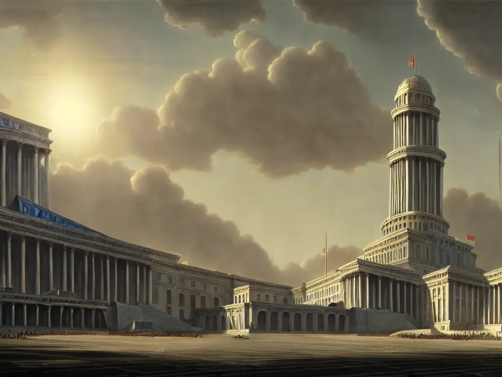 Image similar to matte painting by fan wennan. future capitol of the american communist party shining in the sun after the triumph of socialism in america, hyperdetailed, cinematic, photorealistic, hyperrealism, masterpiece, future communist governmental architecture, statue, imposing, strength, abundance. america 2 0 9 8