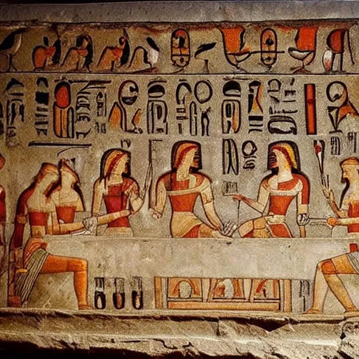 Image similar to on an old stone tomb wall, symbolic ancient Egyptian hieroglyphics depicting The Last Supper by Leonardo Da Vinci