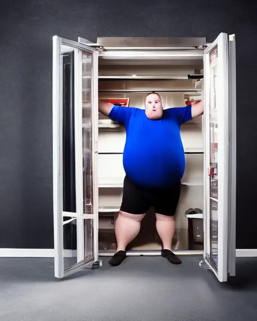 Image similar to Studio Photograph of a real life Super morbidly obese 800 pound American adult man trying to get into a refrigerator in the Style of Annie Leibovitz,