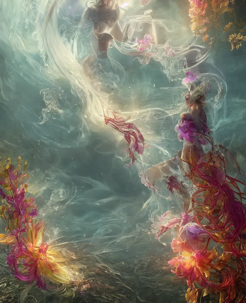 Prompt: 3 d android, face of a beautiful goddess mixed with jellyfish phoenix and bird and giant orchid!! flower and giant gladiola. midsommar style, intricate, elegant, surrounded by smoke and water energy flow. translucent nautilus, highly detailed. octane render, by wlop, tooth wu, greg rutkowski, alena aenami