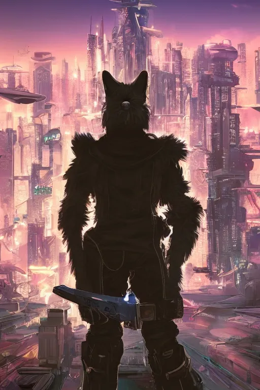 Image similar to a cyberpunk anthropomorphic fox with a fluffy tail staring over a futuristic city from the top of a roof, comic art, trending on furaffinity, cyberpunk, backlighting, cartoon