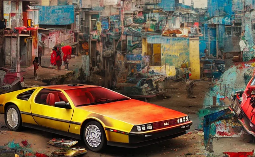 Image similar to a red and yellow delorean in ajegunle slums of lagos - nigeria, painting by hsiao - ron cheng & salvador dali, magazine collage, masterpiece.