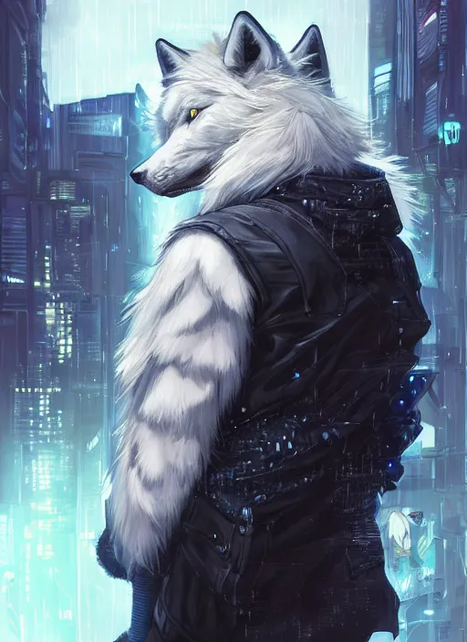 Image similar to award winning beautiful portrait commission of a male furry anthro albino wolf fursona with a tail and a cute beautiful attractive detailed furry face wearing stylish black and yellow cyberpunk biker clothes in a cyberpunk city at night while it rains. Character design by charlie bowater, ross tran, artgerm, and makoto shinkai, detailed, inked, western comic book art