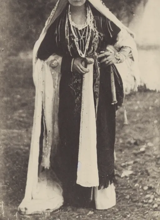 Image similar to vintage photo of a beautiful Romanian woman in traditional clothing standing near a pilar, 1911