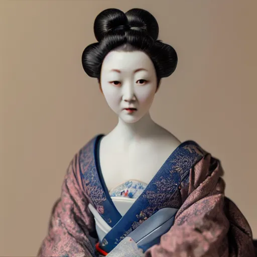 Image similar to portrait of a geisha porcelain doll, fractal, intricate, elegant, highly detailed, digital photography, subsurface scattering, by jheronimus bosch and james jean and greg rutkowski,