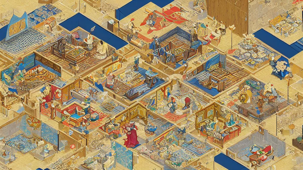 Image similar to fresco unbridled tatami isometric puzzle game, intricate design tatami