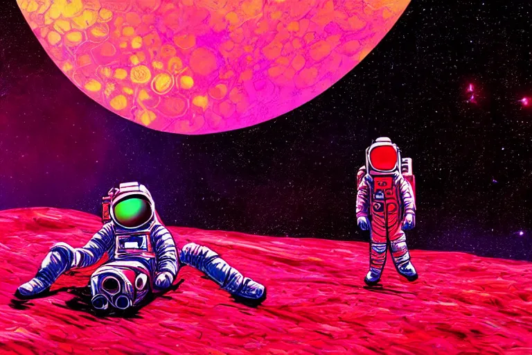 Prompt: an astronaut laying on mars in the style of flooko, acrylic art, detailed, moonlight, red lighting, bokeh, synthwave, psychedelic, glitch, neon,