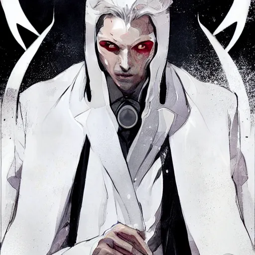 Image similar to full body portrait of a male character in sleek clothes, in a futuristic flowing white tailcoat, wearing a white mask with five round lenses for eyes, many eyes, dramatic lighting, illustration by Greg rutkowski, yoji shinkawa, 4k, digital art, concept art, trending on artstation